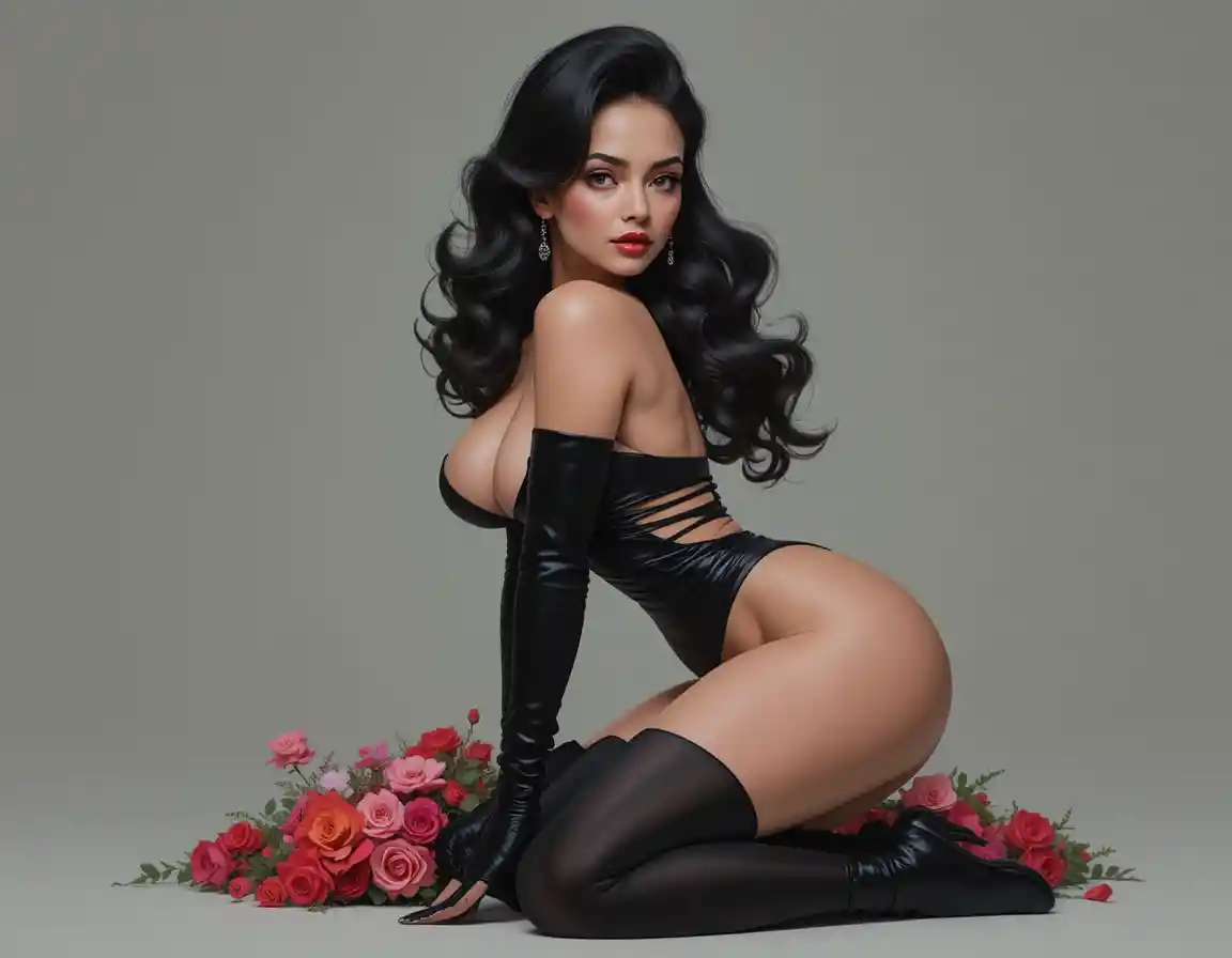 Kneeling pale woman in black gloves with red and pink flowers