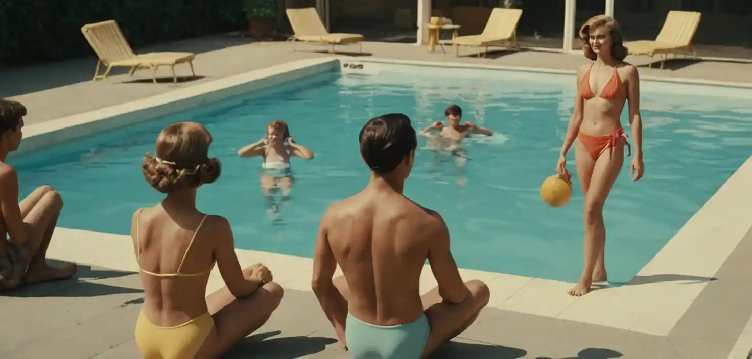 Cinematic digital illustration of a woman in bikini by pool