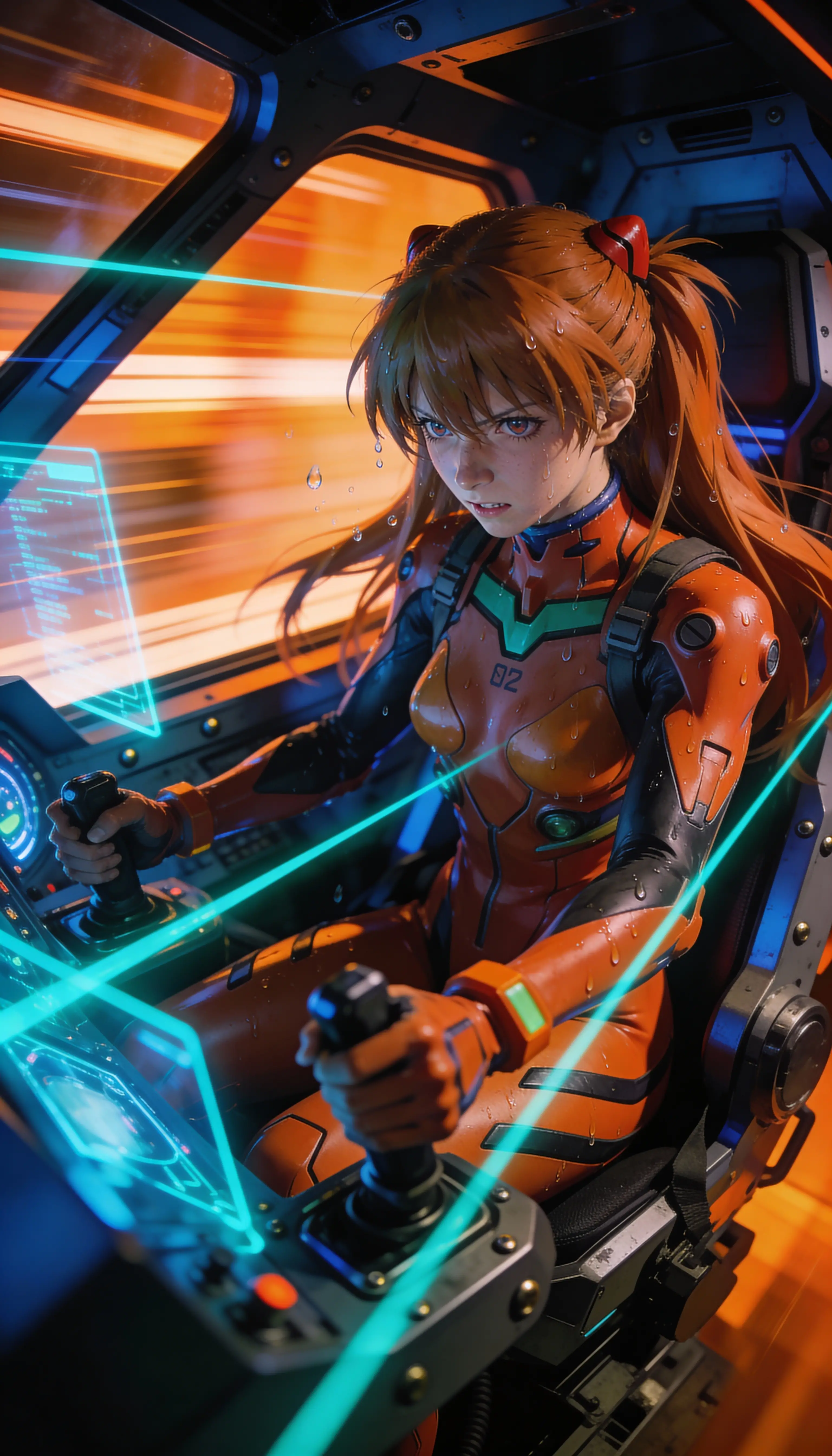 Anime pilot bracing for battle inside detailed mech cockpit