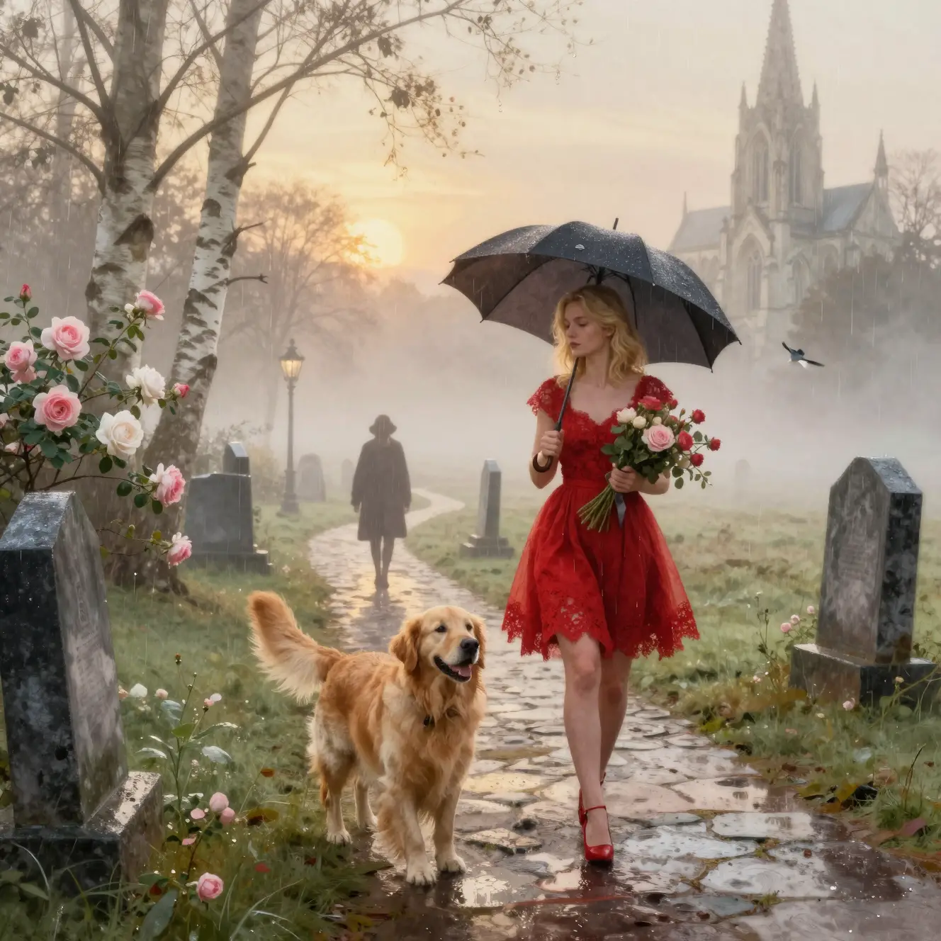 Giovane donna con cane su una collina cimiteriale avvolta dalla nebbia