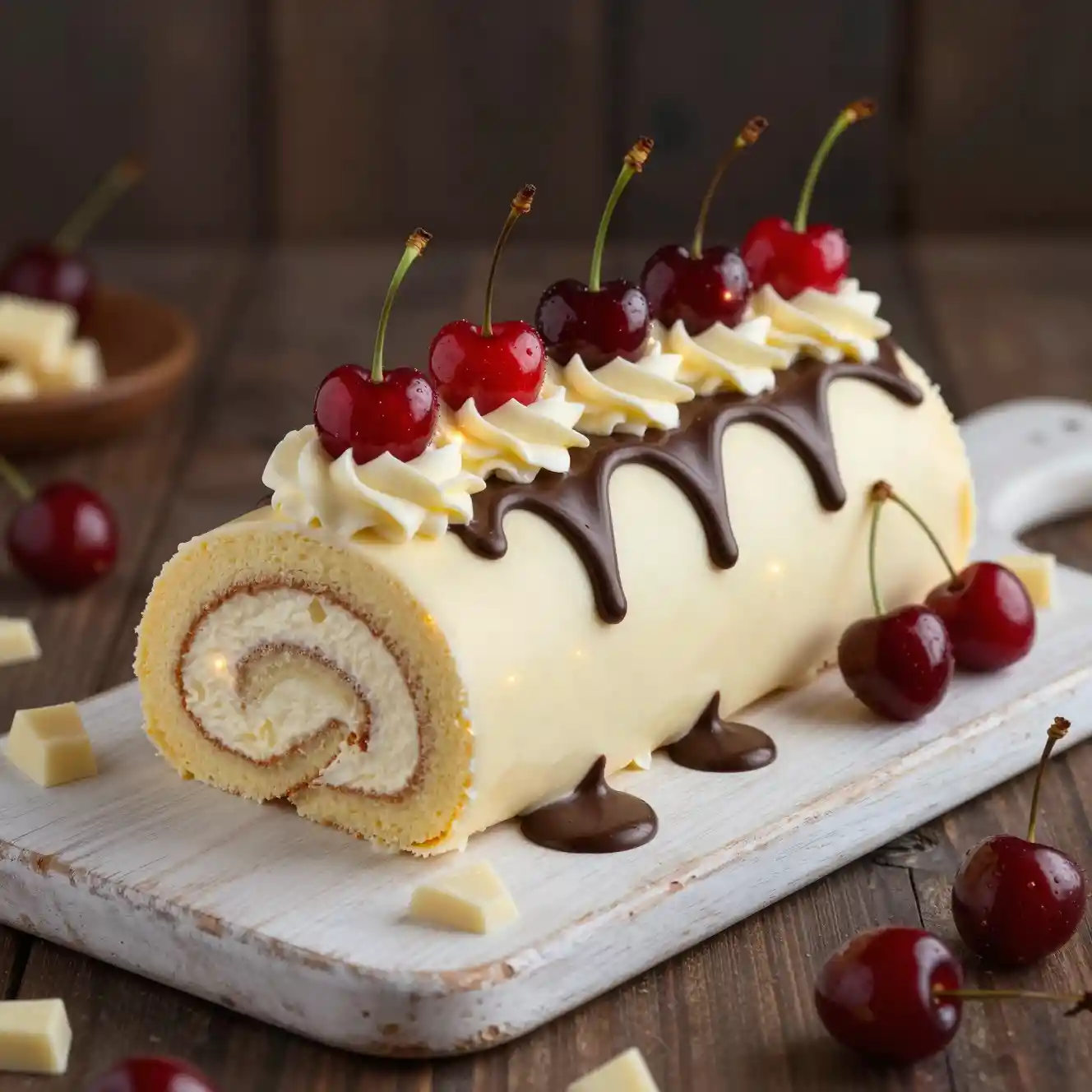 Magical White Chocolate Swiss Roll With Cherries