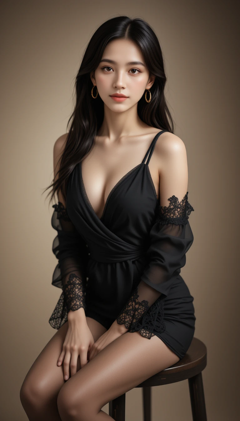Elegante Frau auf Hocker im weichen Studio-Licht