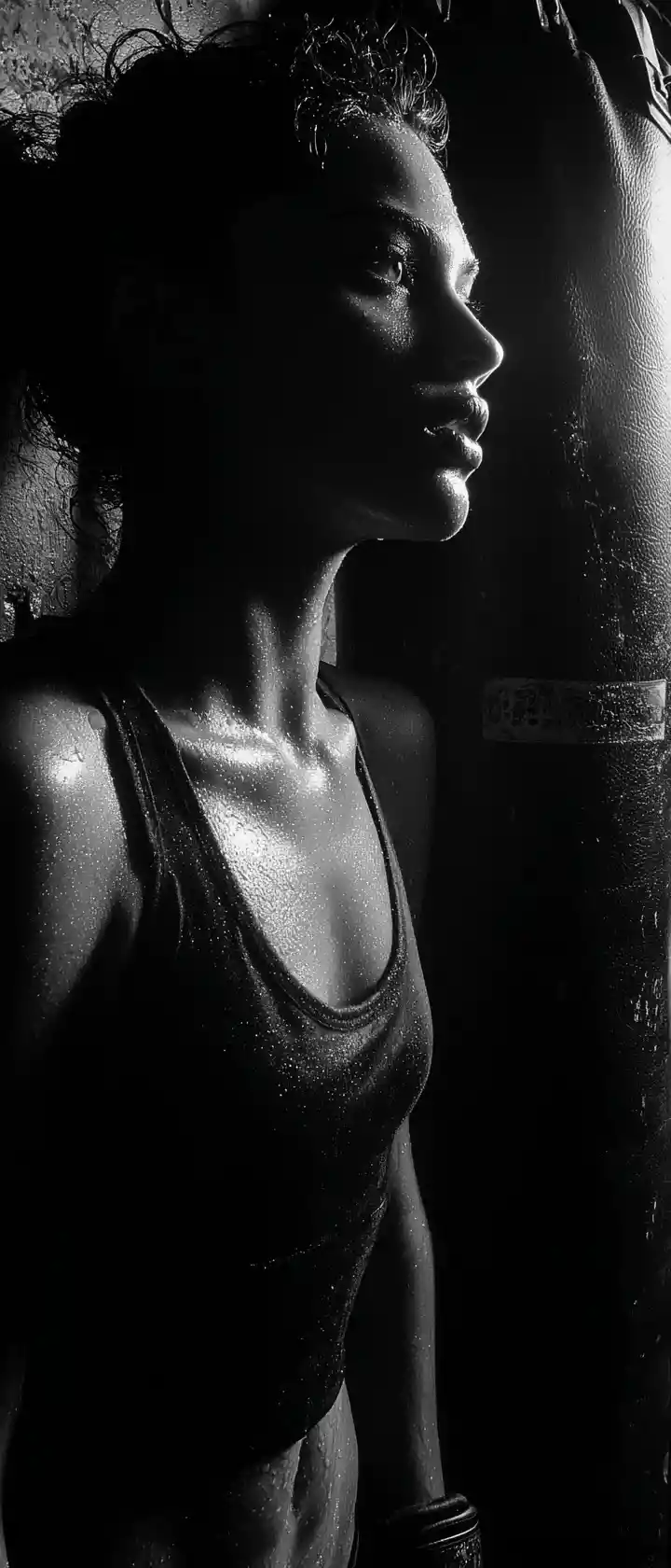 Goth woman training with punching bag in underground gym