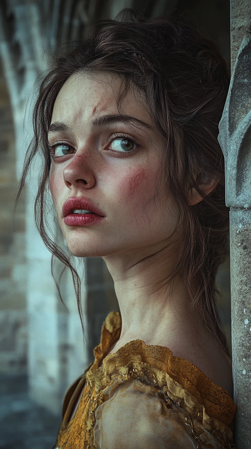 Young woman crying in a crowded castle courtyard
