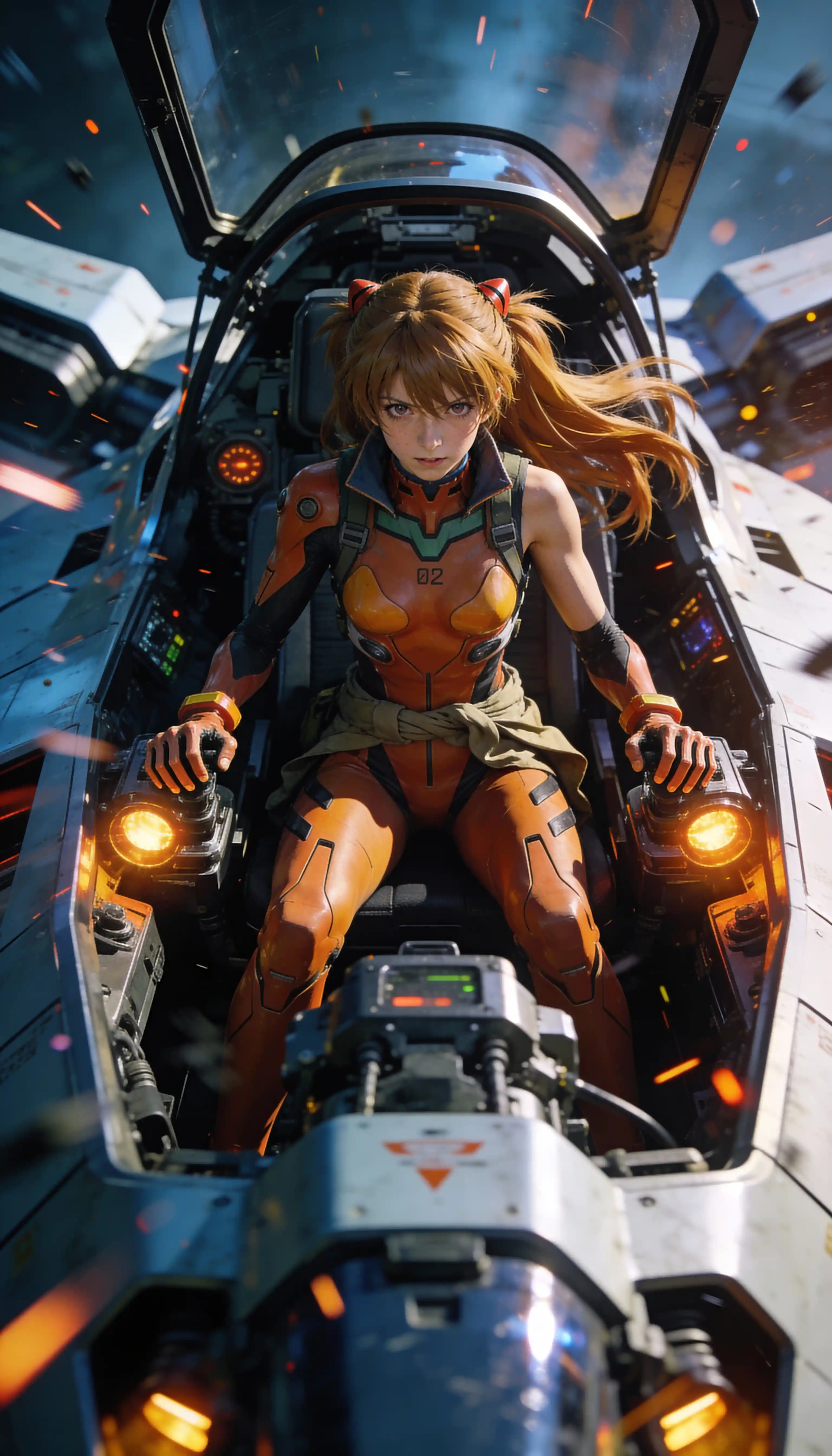 Sci fi pilot bracing for combat in mechanical cockpit