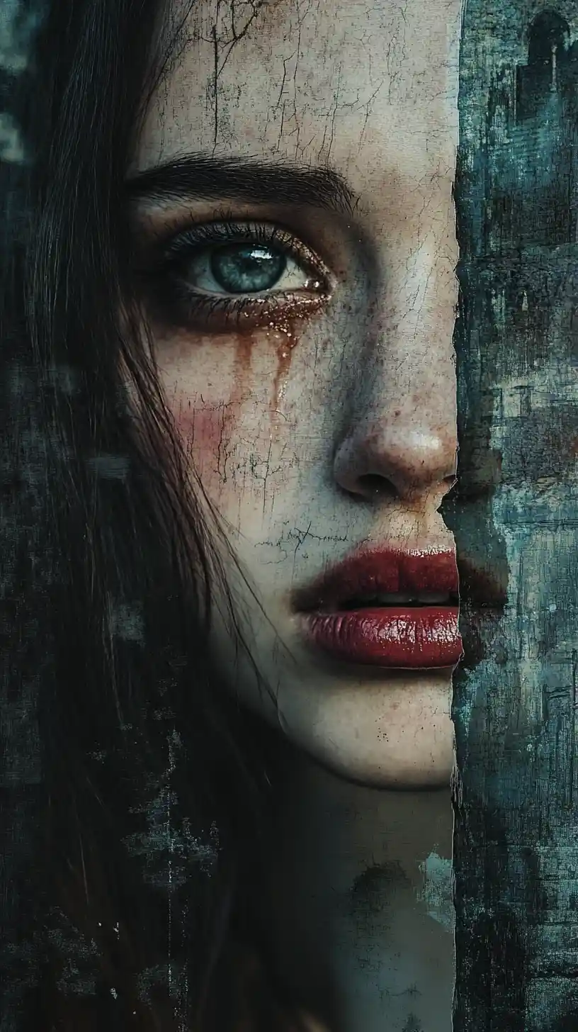 Young woman crying in a crowded castle courtyard