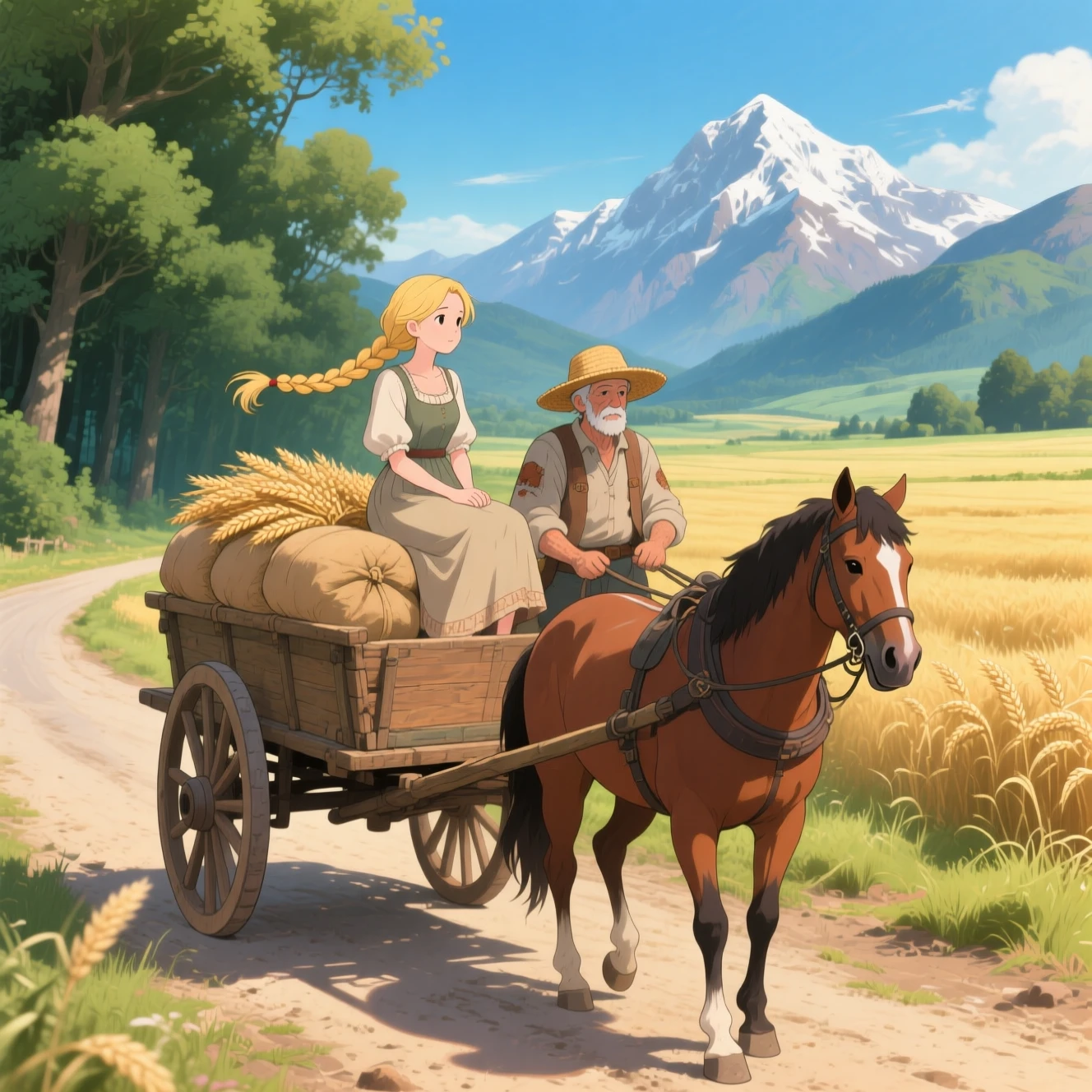 Anime girl riding a horse cart along a country road