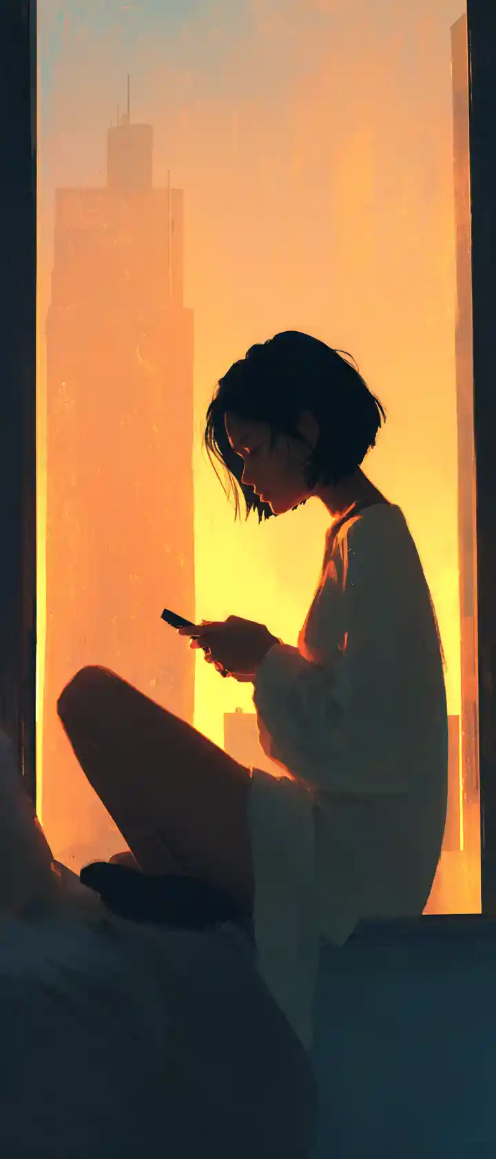 金色日出下，高樓窗台上的憂鬱女孩