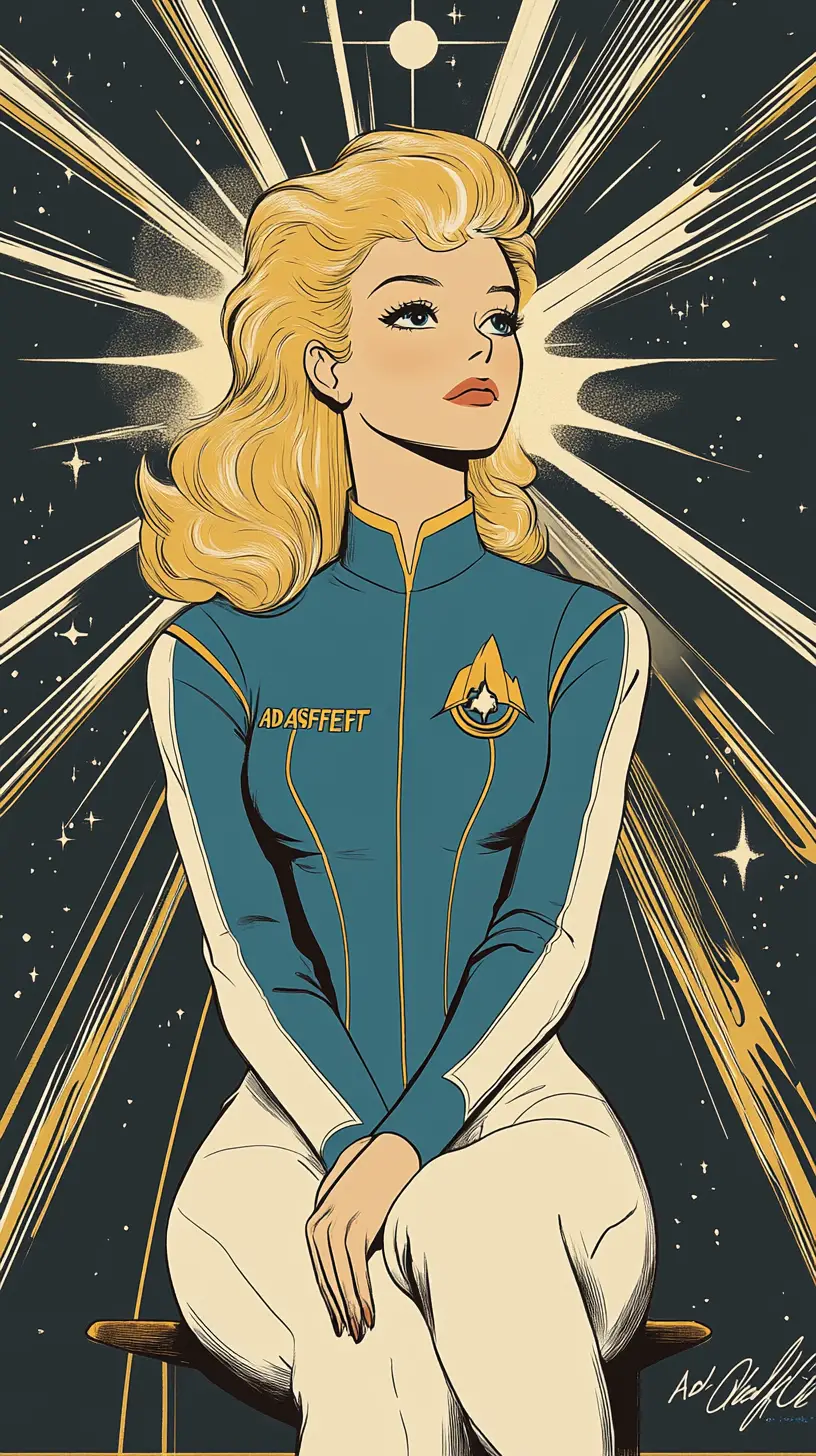 復古漫畫風星際艦隊制服女子仰望星空