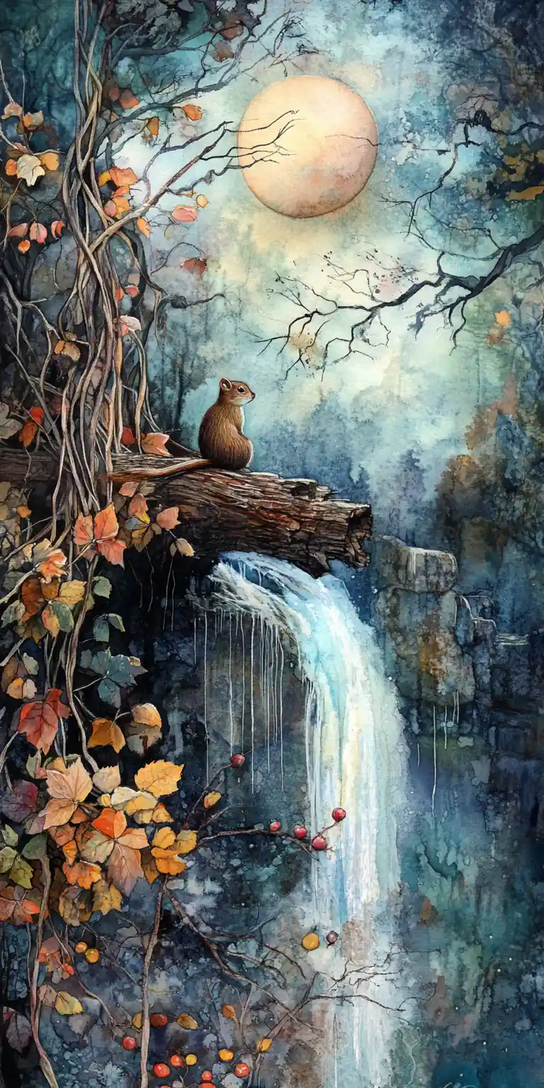 Chipmunk On Log In Mystical Watercolor Forest