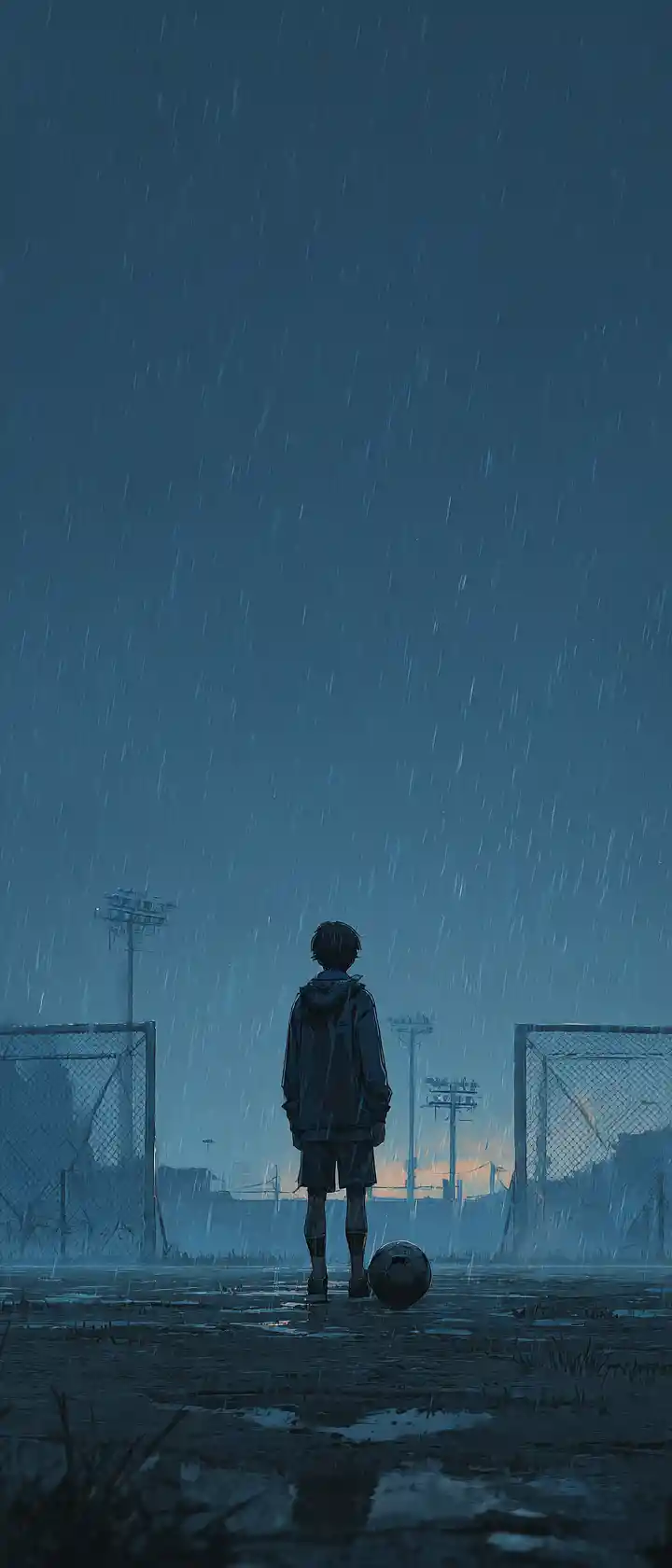 Garoto adolescente na chuva segurando uma única bola de futebol