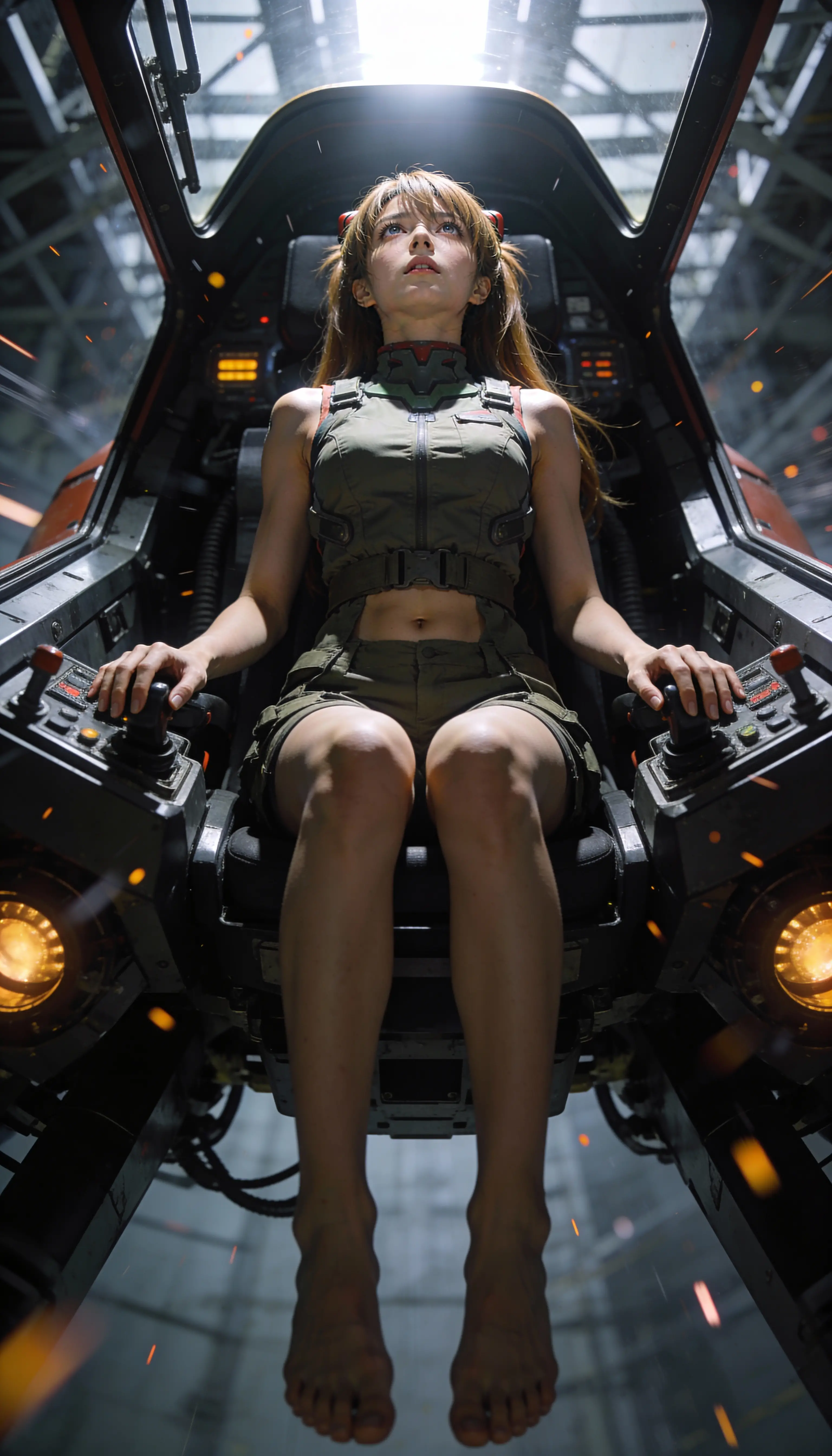 Intense pilot in mech cockpit seen from a low angle