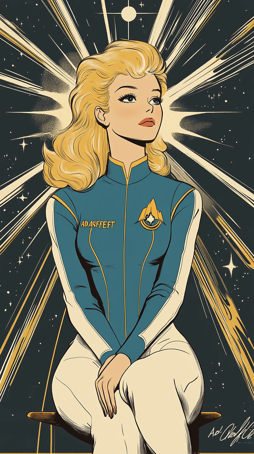 Retro comic woman in starfleet uniform looking to the stars