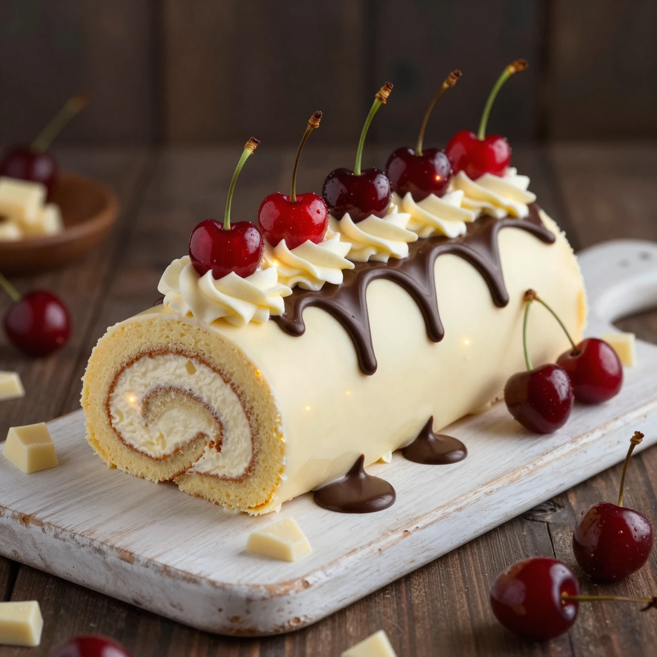 Brazo de Gitano Mágico de Chocolate Blanco con Cerezas