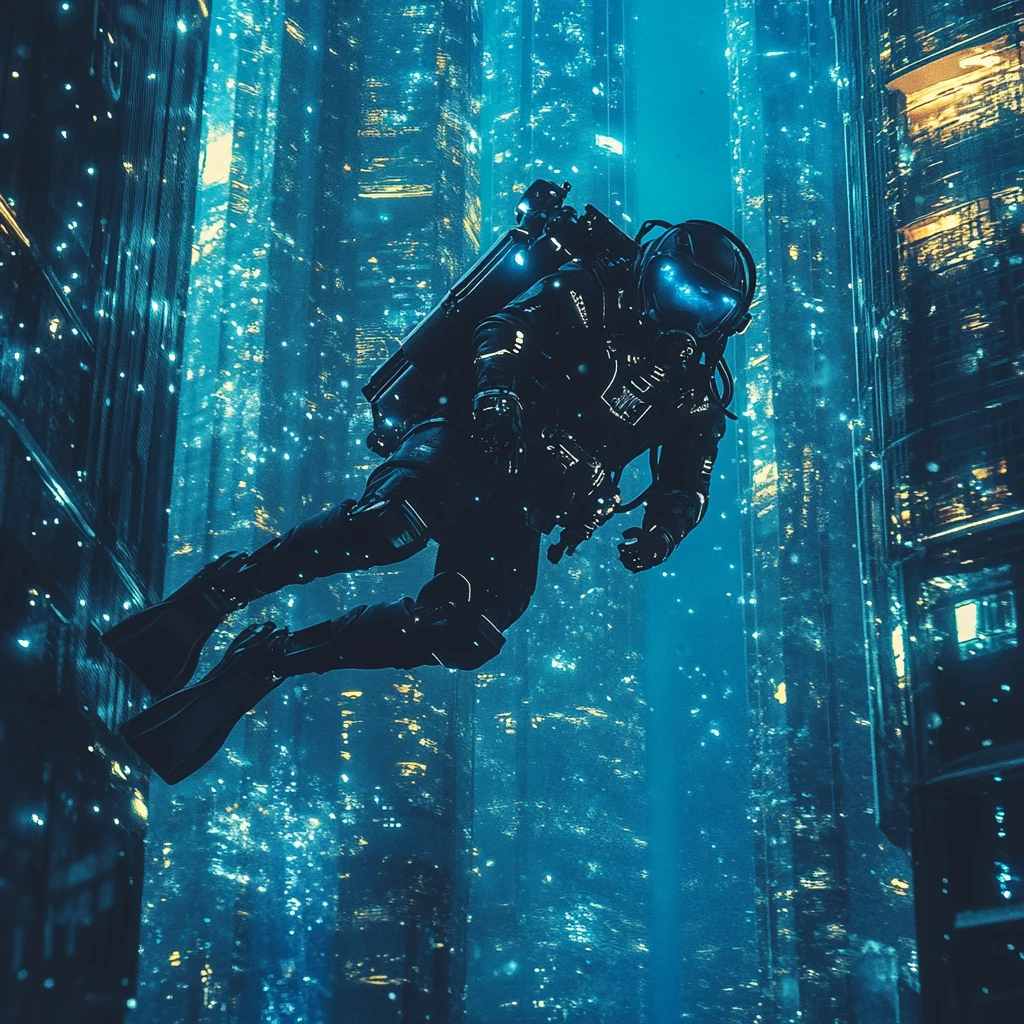Explorador submarino pasando junto a un rascacielos brillante en el océano profundo