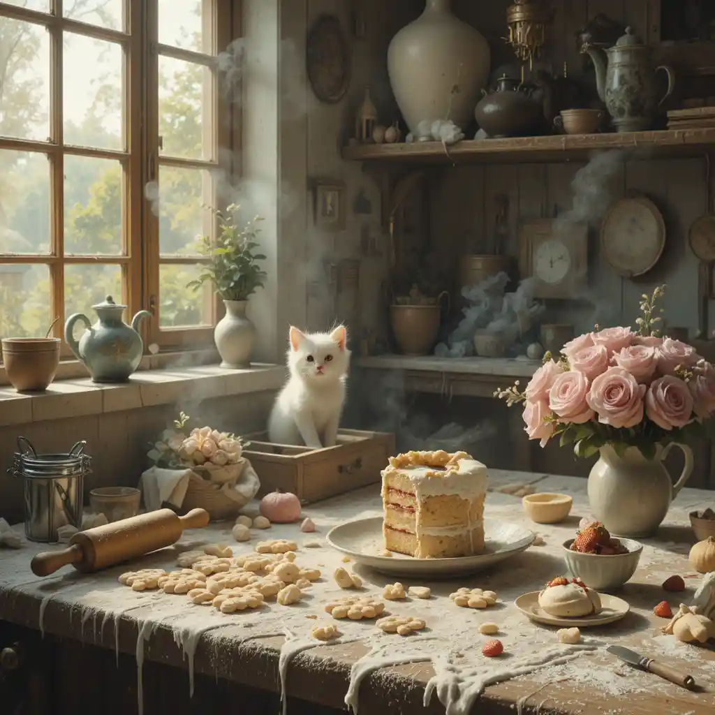 Mostrador de panadería acogedor con pastel, café y gatito