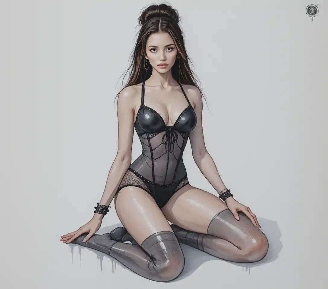 Digital illustration of woman in black lingerie on pale background