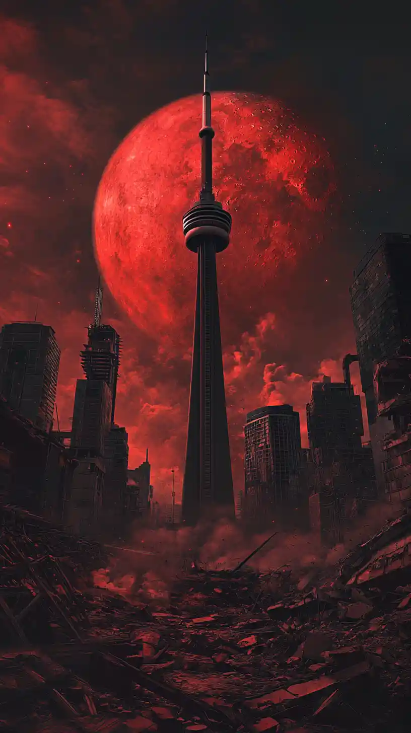 Rovine Apocalittiche di Toronto con Torre e Luna Cremisi