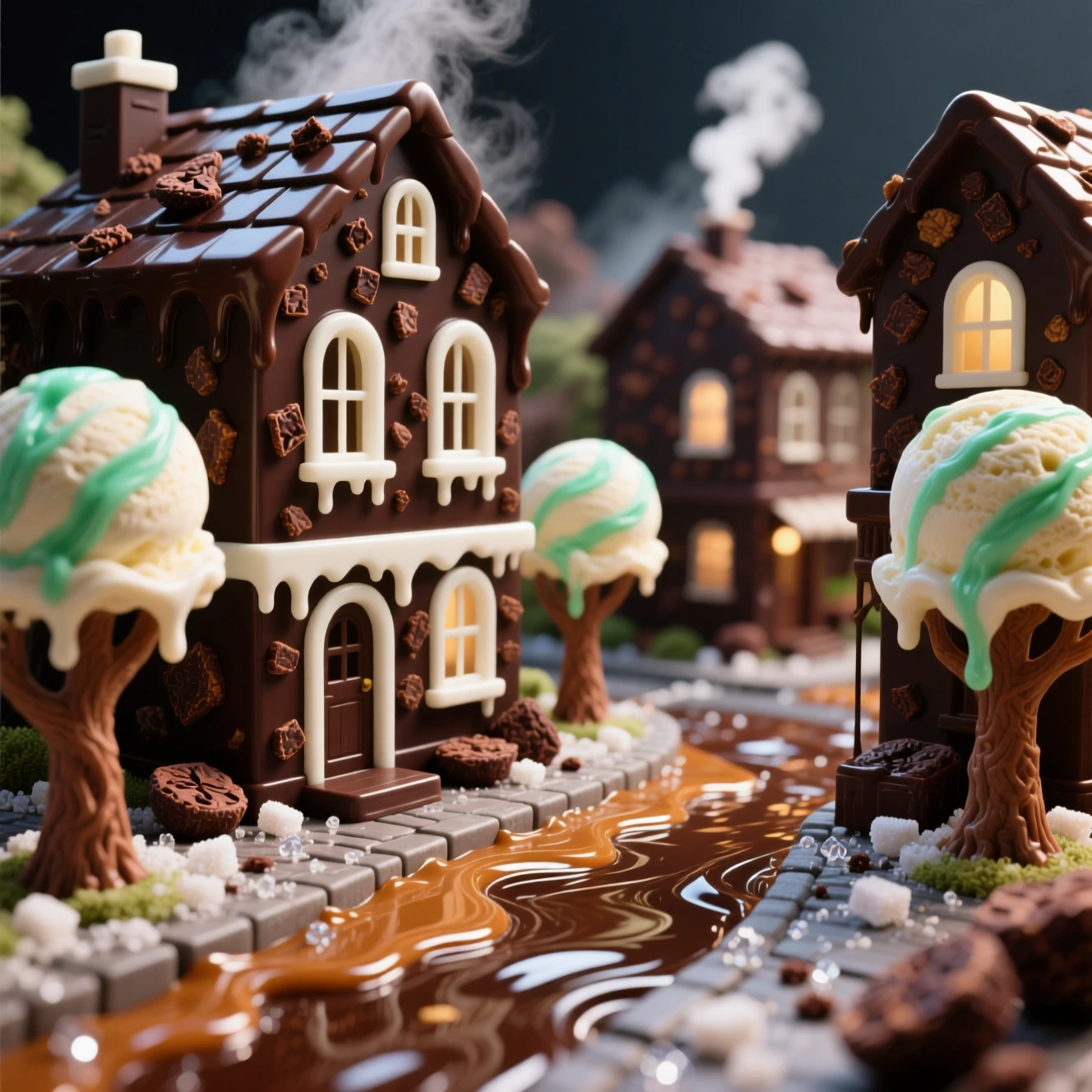 Vista macro de una ciudad fantástica de postres de chocolate negro