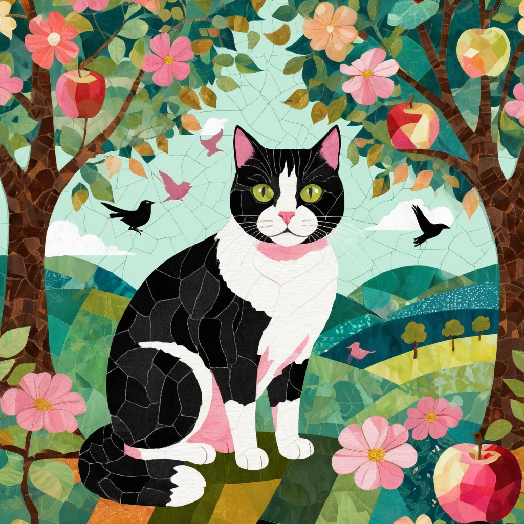 Gatta calico giocosa in un prato incantato a patchwork