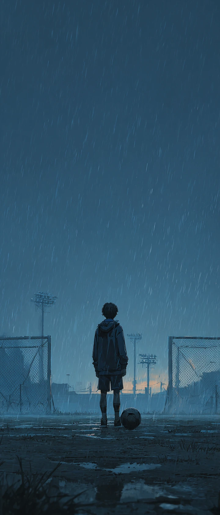 Garoto adolescente na chuva segurando uma única bola de futebol