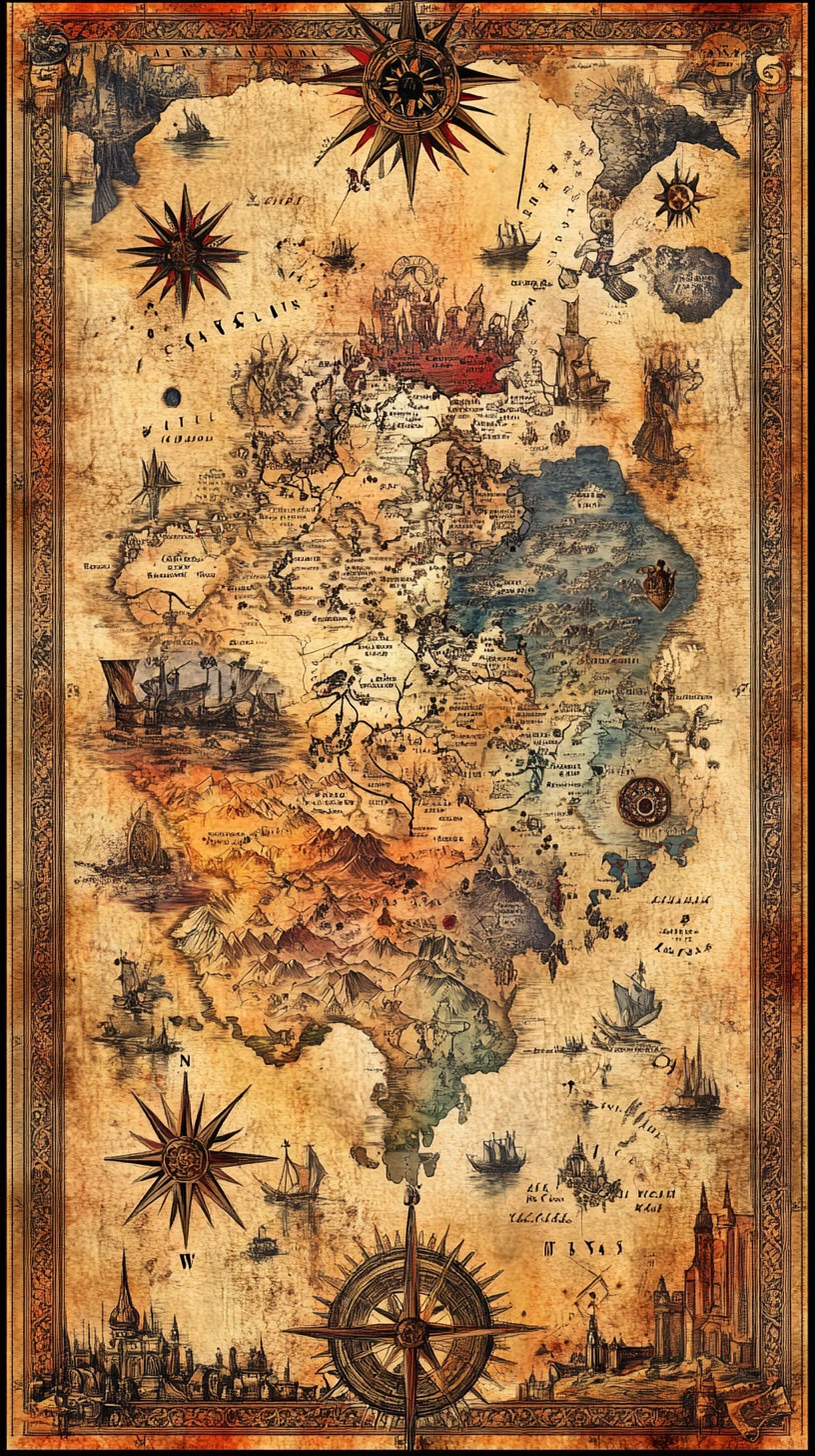 Fantasy World Map On Ancient Parchment With Ornate Borders