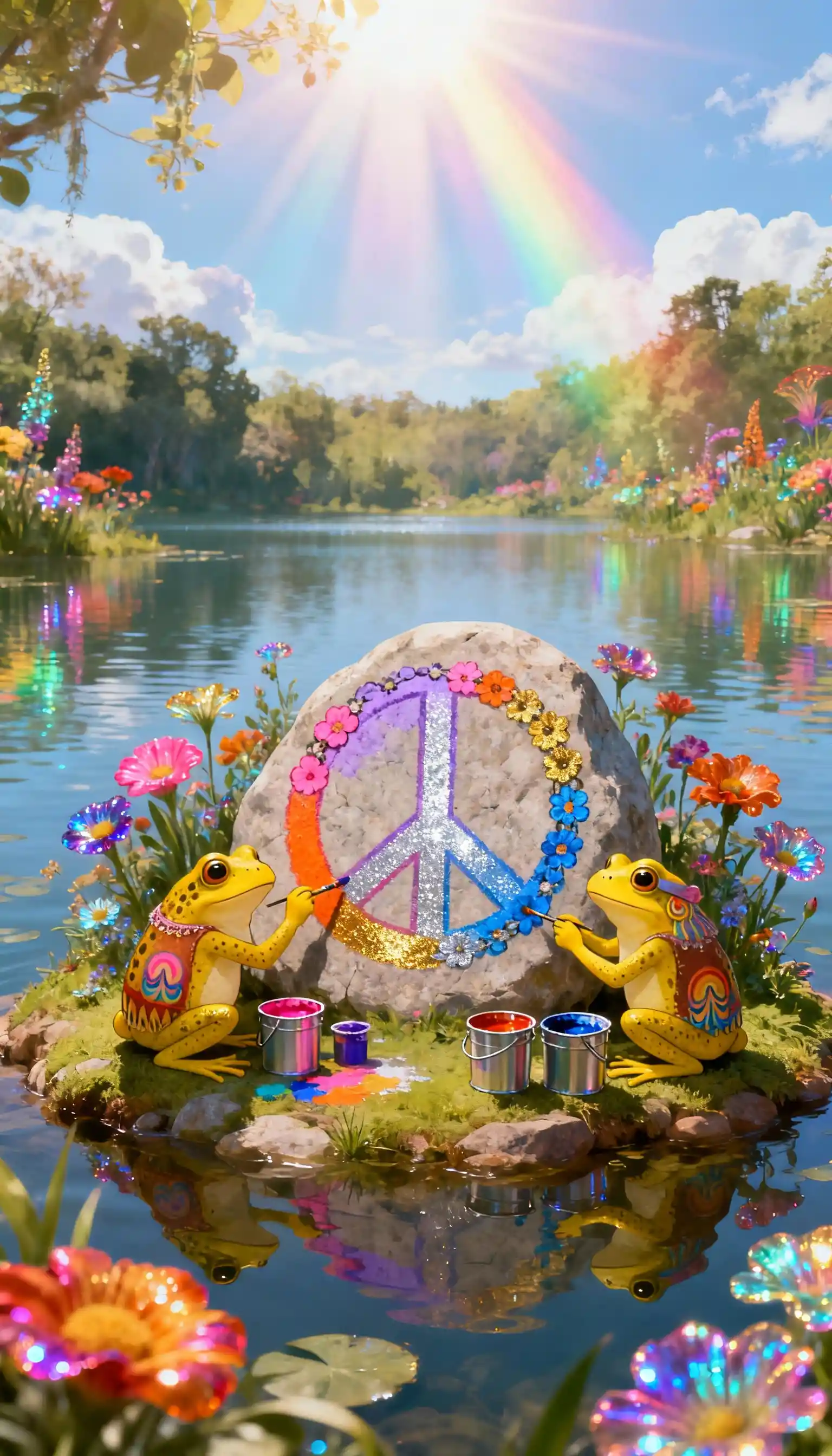 Hippie frogs painting a colorful peace symbol on island
