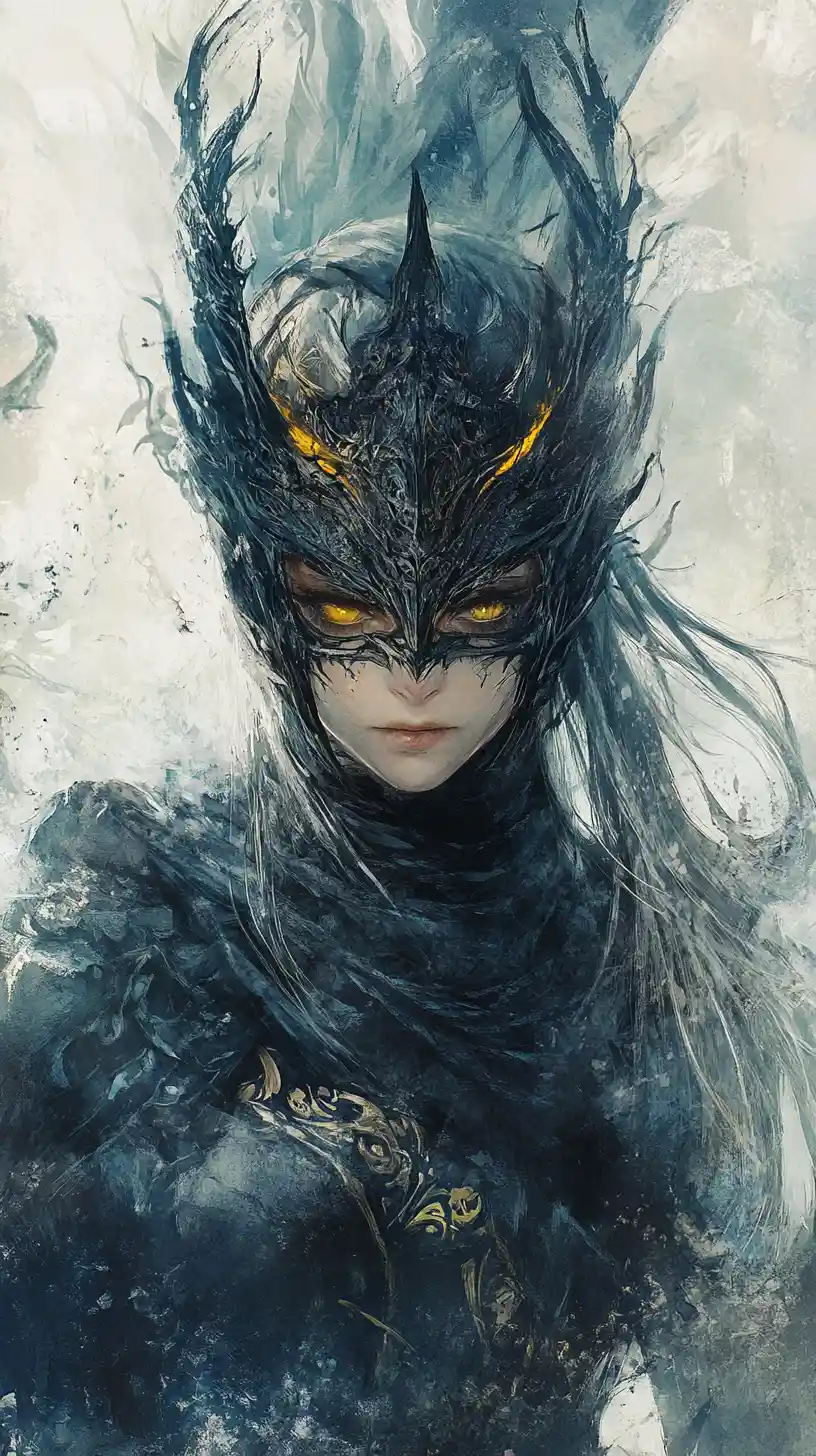Scarred warrior woman with mask in mystical fantasy realm