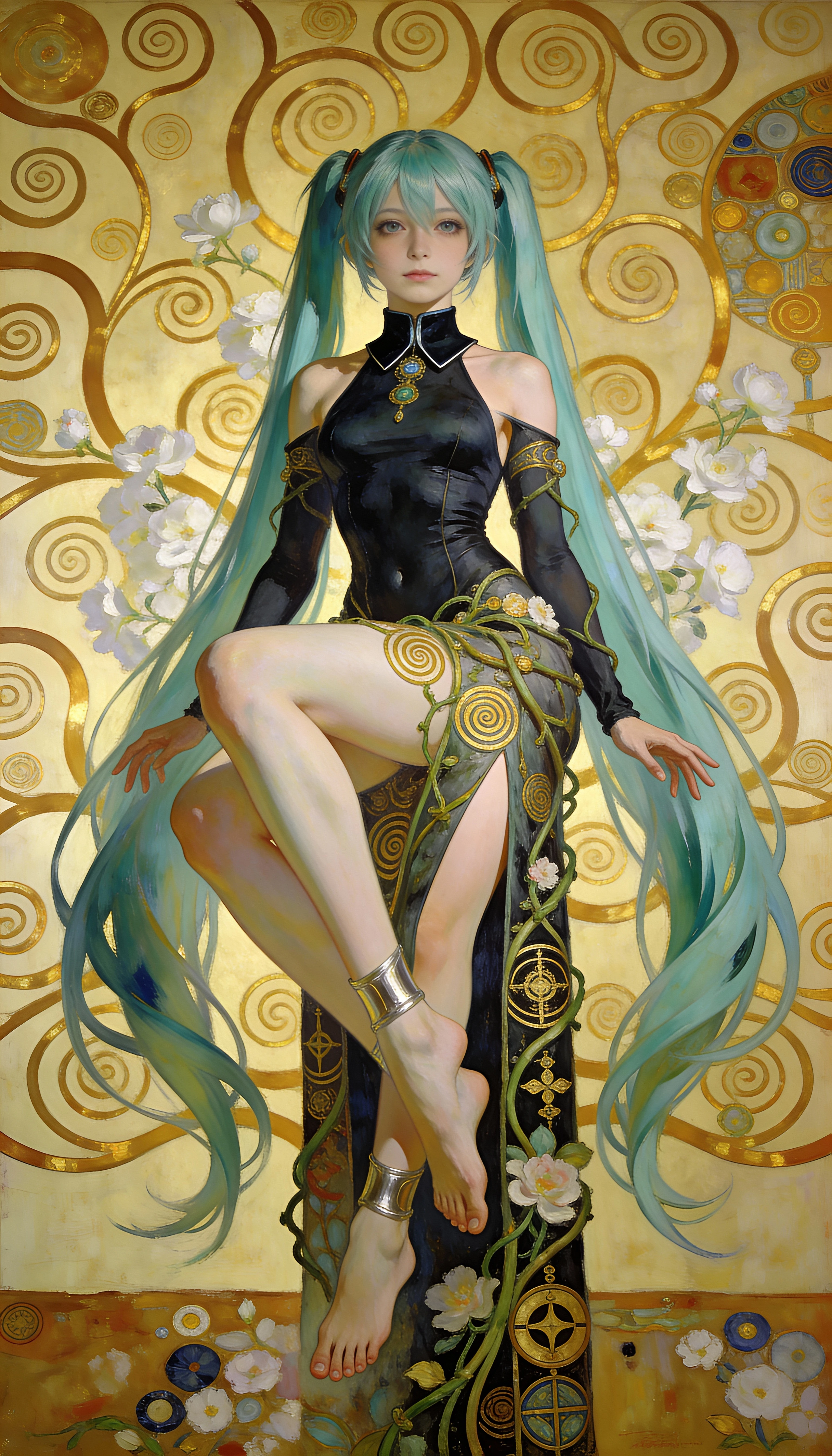 華やかな金色アール・ヌーヴォーのドレスをまとった穏やかなアニメ女性