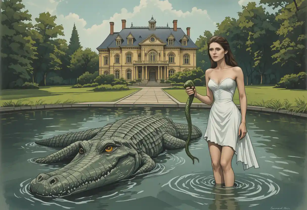 Woman with snake facing crocodile by a grand mansion