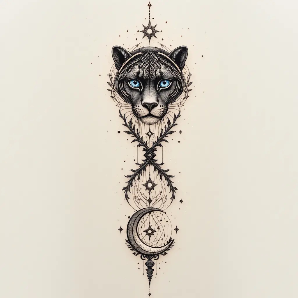 Tatuaggio infinito verticale con occhi di pantera e simboli celesti
