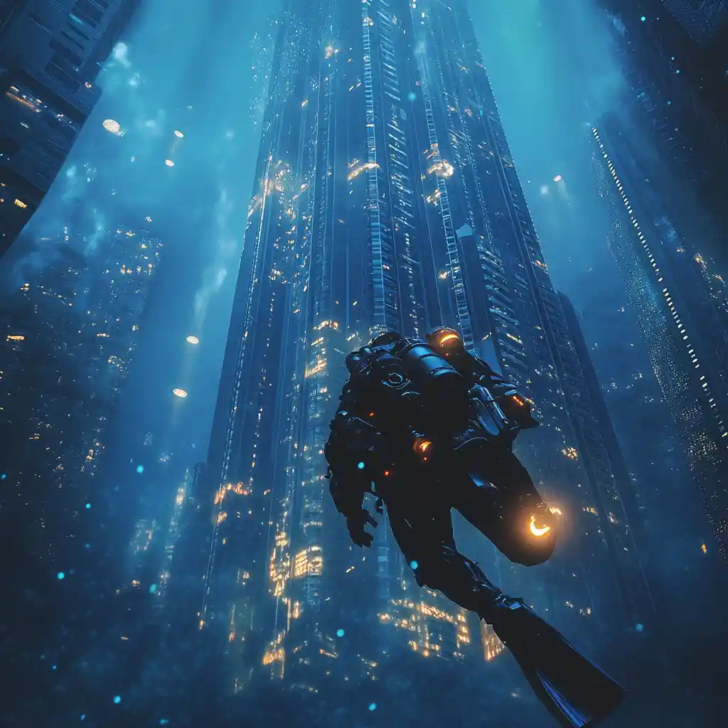 Underwater explorer swimming past bioluminescent city skyscraper
