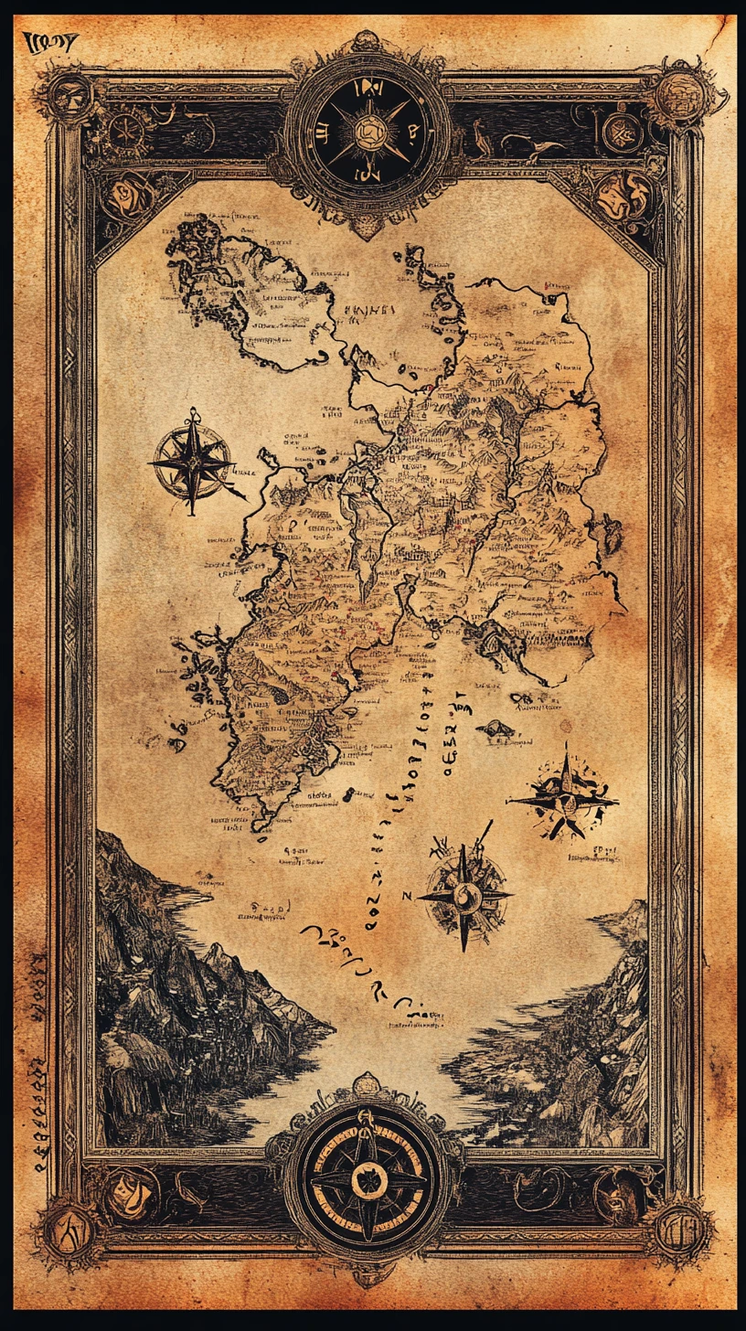 Fantastical Medieval World Map On Aged Parchment