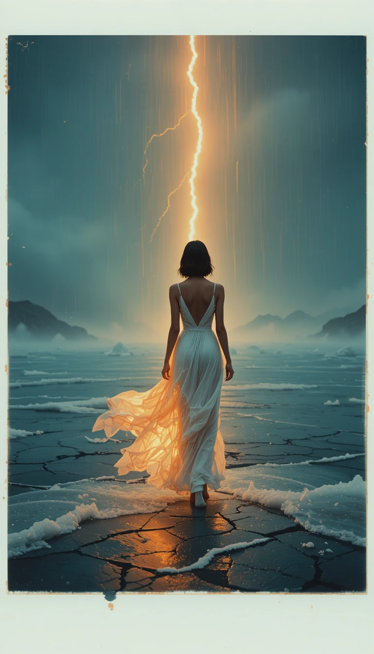 Fashion woman on cracked ice under blazing orange lightning