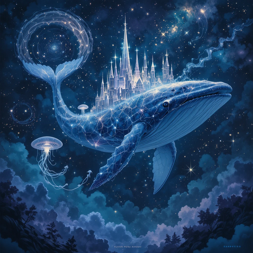 Balena cosmica che fluttua sopra una luminosa città celeste