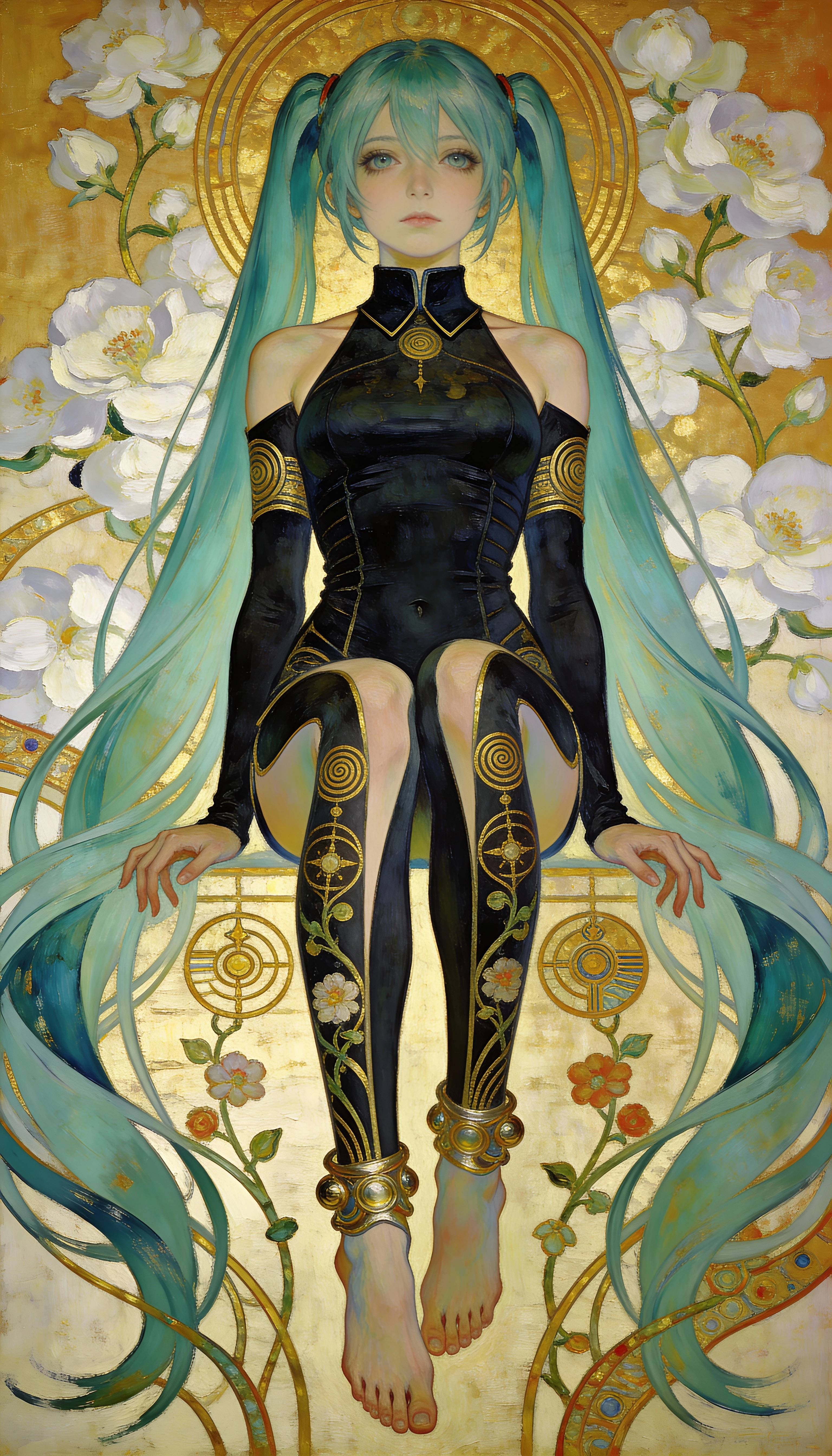 Gelassene Anime-Frau im verzierten dunklen Kleid mit goldenen Blüten