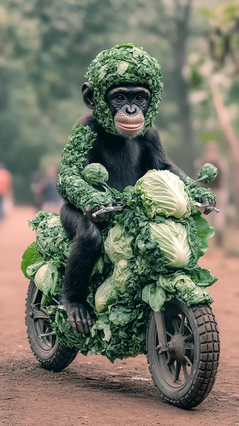 Serious Young Monkey Riding A Leafy Green Vegetable Motorcycle