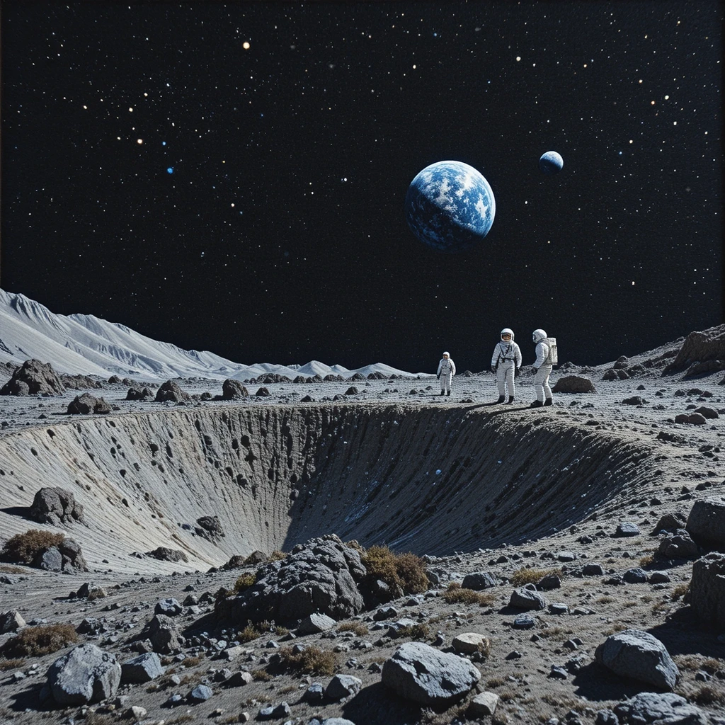 Astronautas sobre un cráter lunar tejido bajo el brillo distante de la Tierra