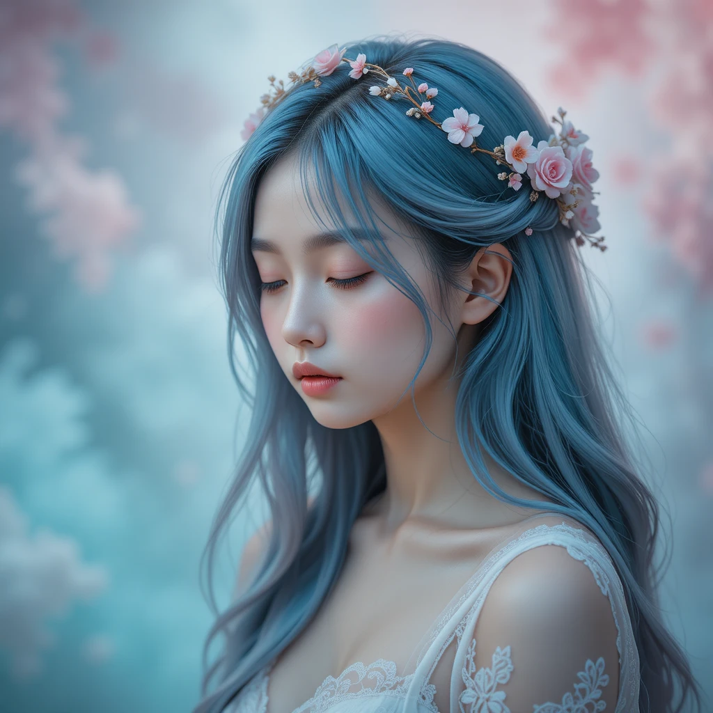 Dreamy portrait of a young Asian woman with floral details