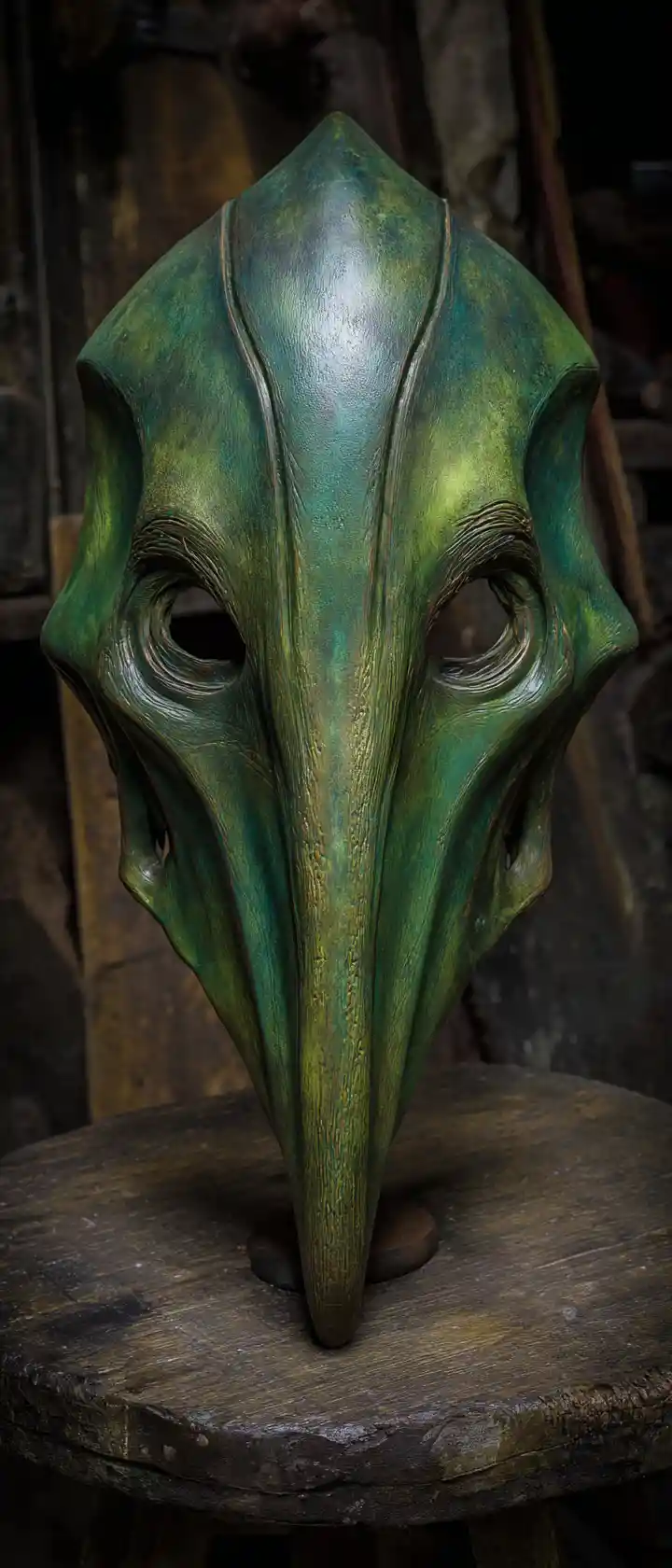 Maschera verde fantasy su tavolo da lavoro rustico in legno