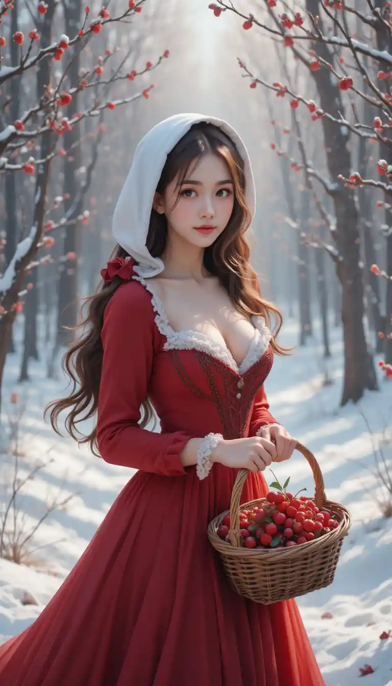 Garota de anime com capuz vermelho caminhando pela floresta nevada