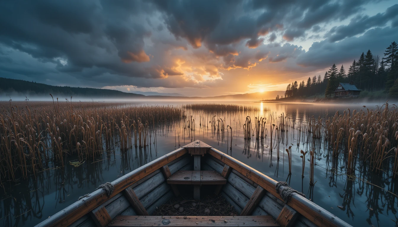 Stormy dawn over a reed filled lake and distant log house