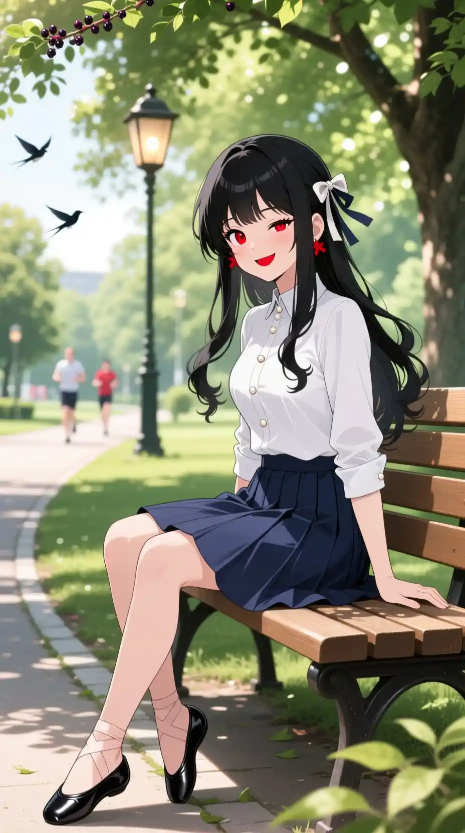 Elegante chica de anime relajándose en un banco del parque