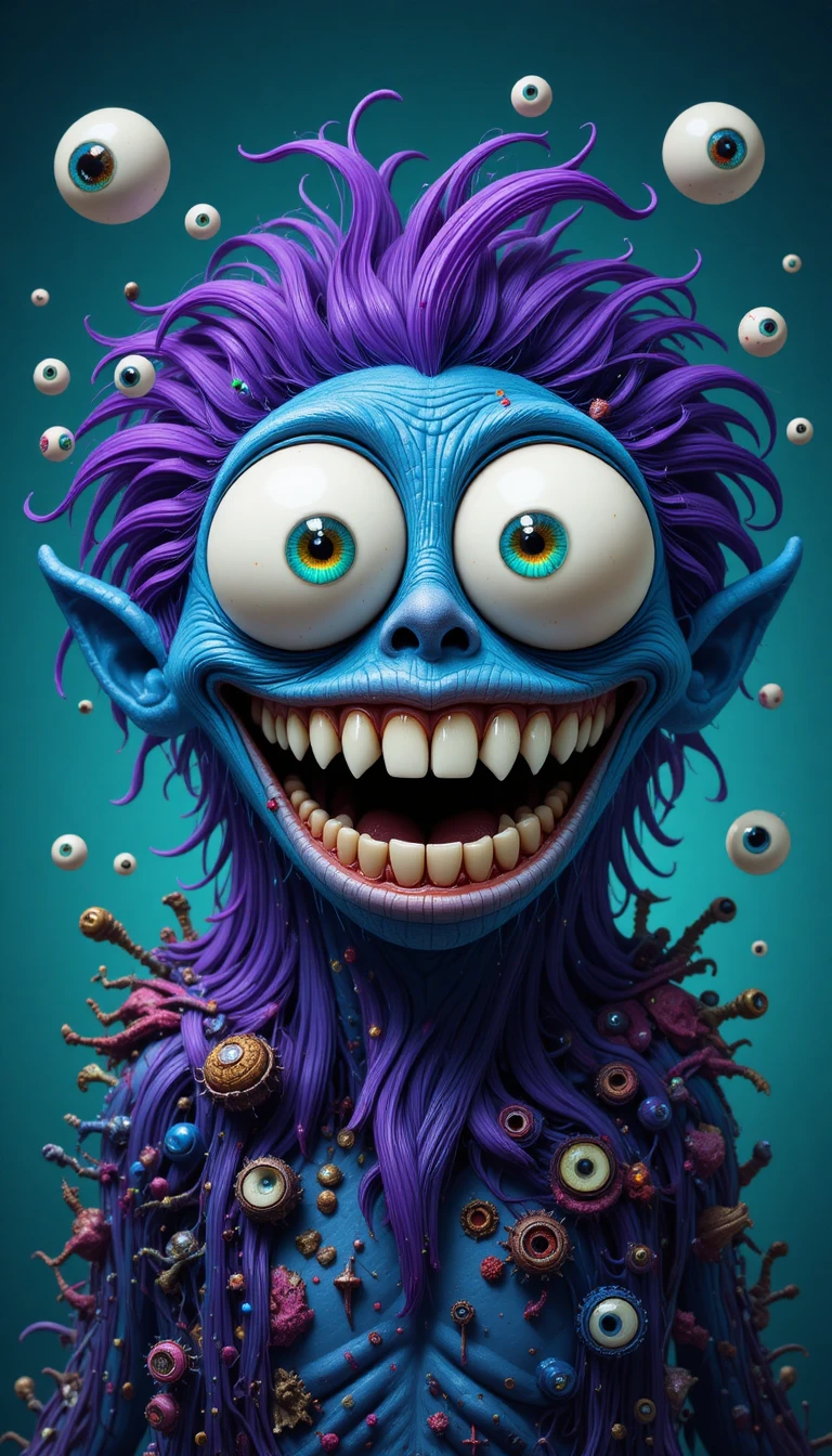 Monstruo azul de caricatura, juguetón, con ojos saltones y gran sonrisa