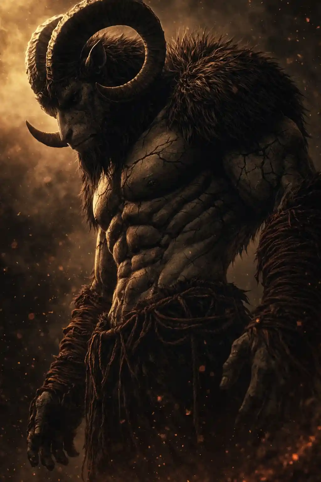 Creatura ariete cornuta pensierosa in un ritratto anime dark fantasy