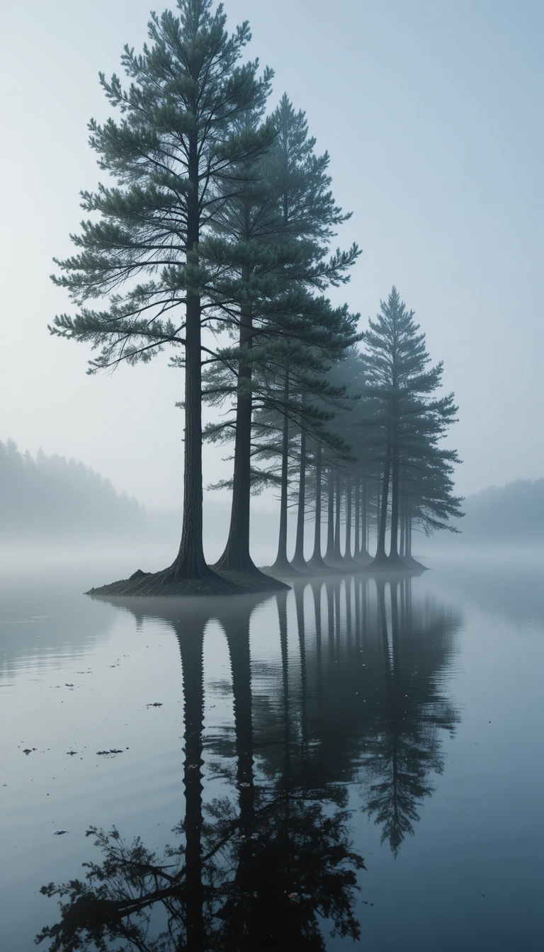 Tranquilos pinos reflejados en un lago brumoso al amanecer