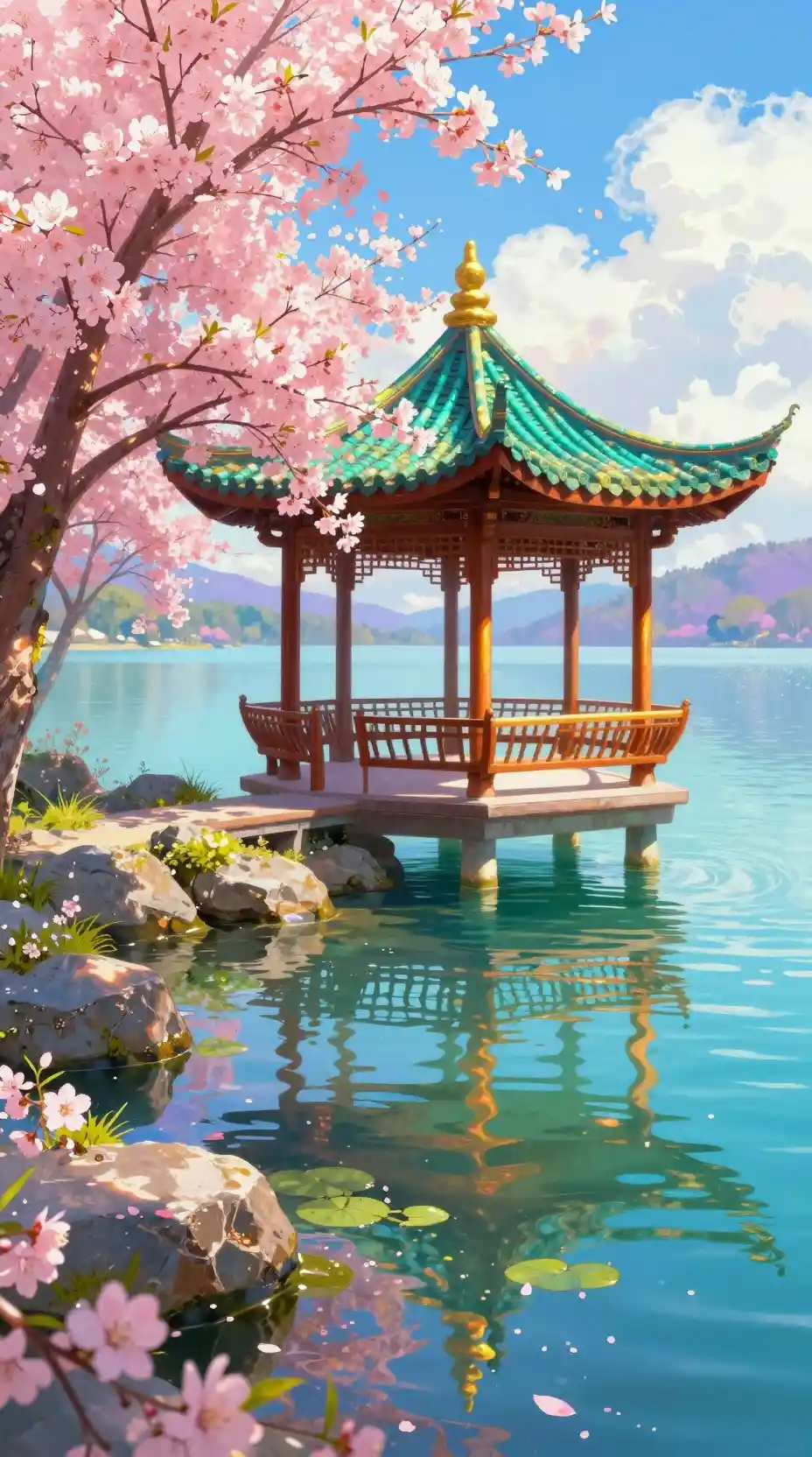 Oriental lakeside gazebo with cherry blossoms and turquoise water