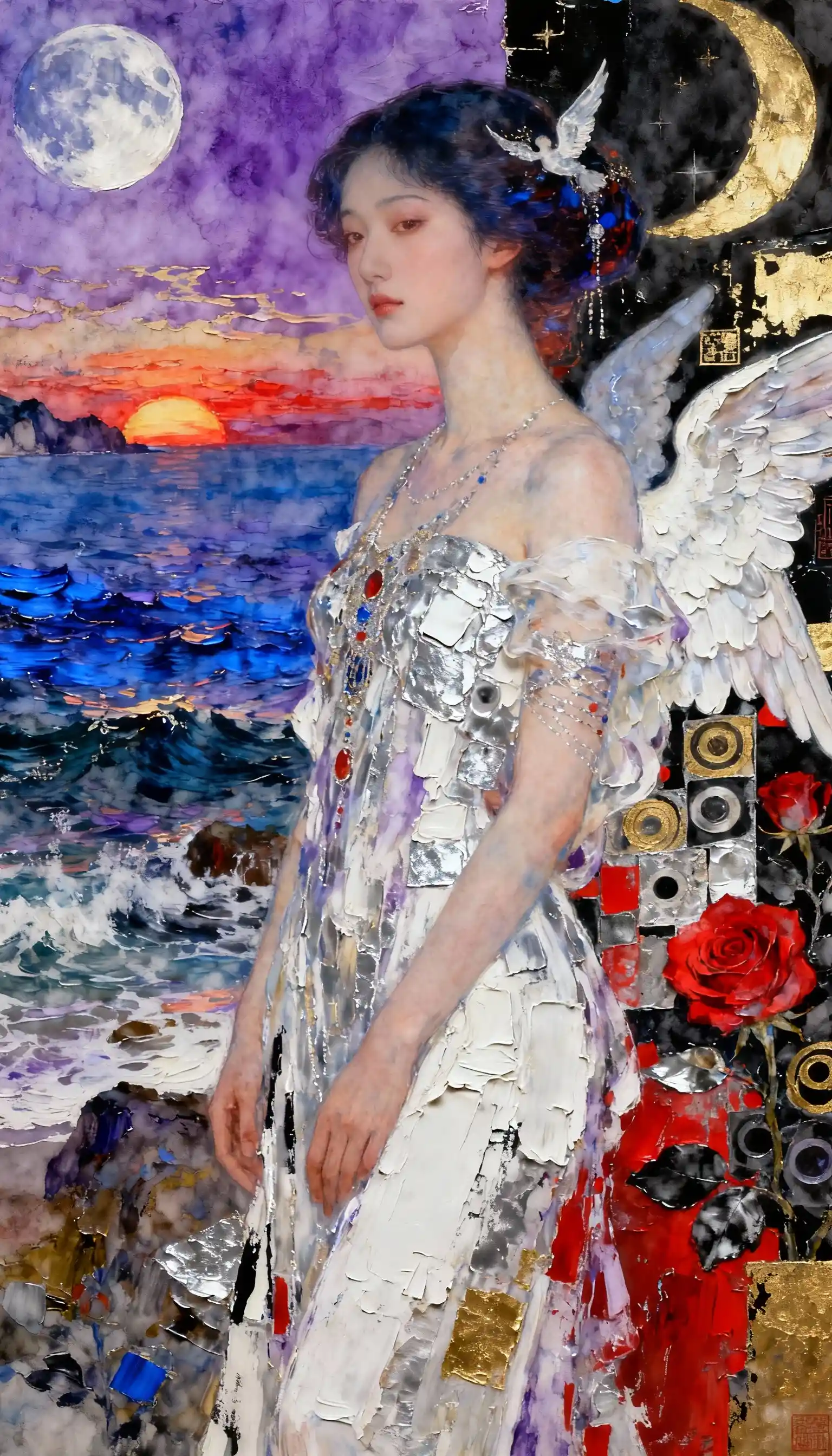 Dreamy close up woman against surreal sunrise seascape