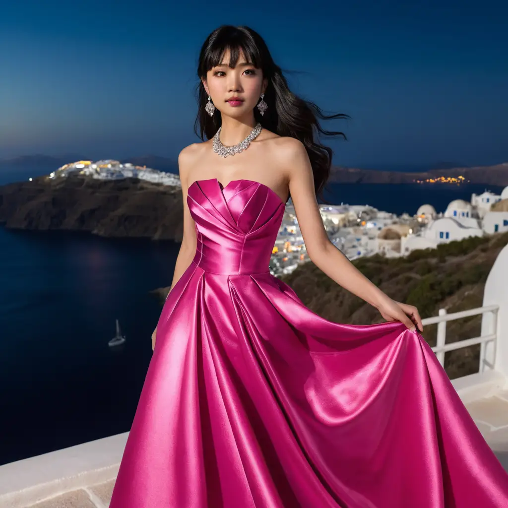 Elegante mujer japonesa con vestido de satén rosa de noche