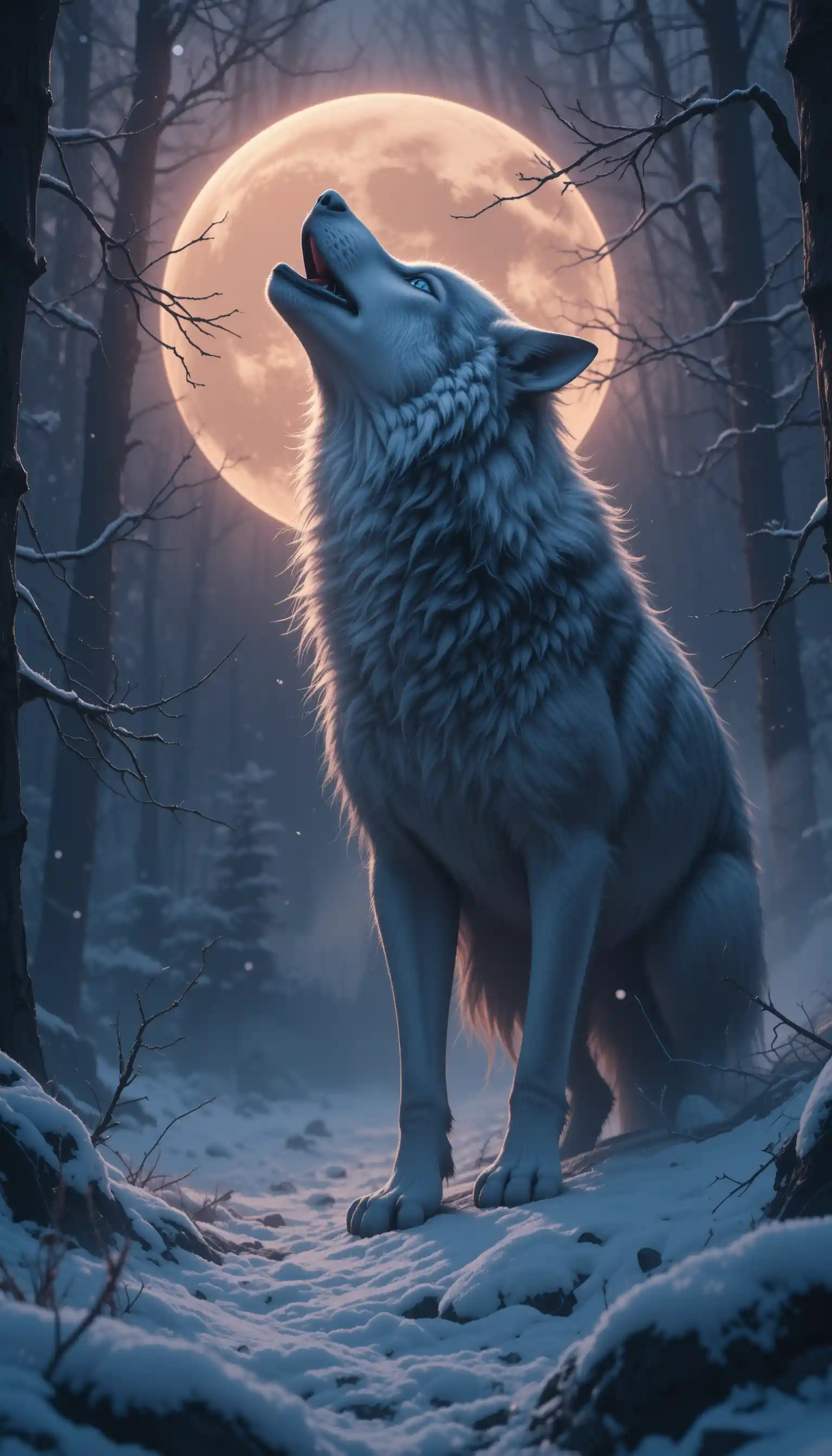 Lobo gris aullando en un bosque nevado al crepúsculo